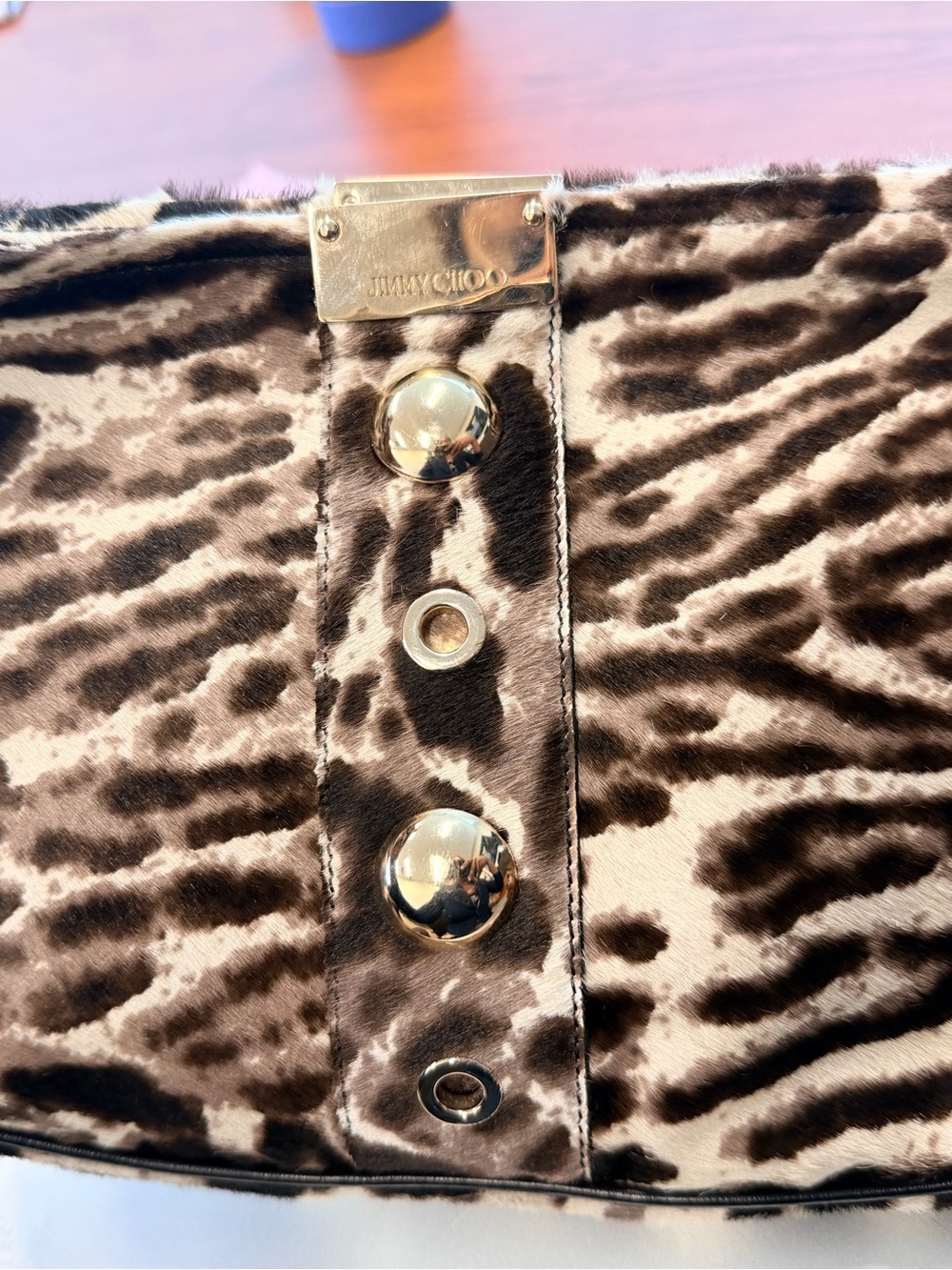Authentic Jimmy Choo Leopard Print Faux Fur Clutch in Brown and Black - Picture 2 of 5